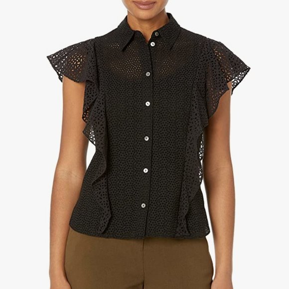 Theory BD Ruffle Eyelet Top in Black Size Small - Picture 1 of 4